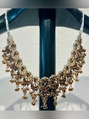 Vintage Indian Silver and Gold-Tone Statement Necklace with Amber Bead Detailing